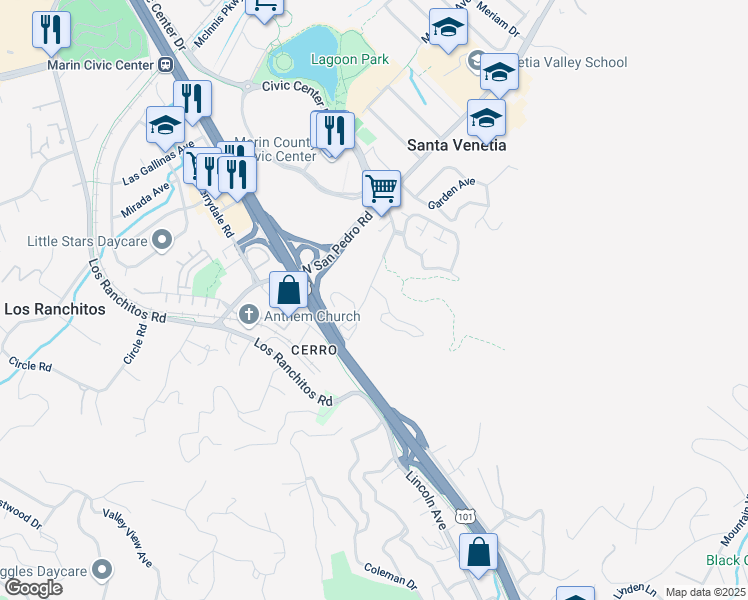 map of restaurants, bars, coffee shops, grocery stores, and more near 22 San Pablo Avenue in San Rafael
