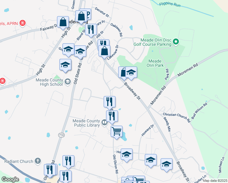 map of restaurants, bars, coffee shops, grocery stores, and more near 831-1065 Brandenburg-Ekron Road in Brandenburg