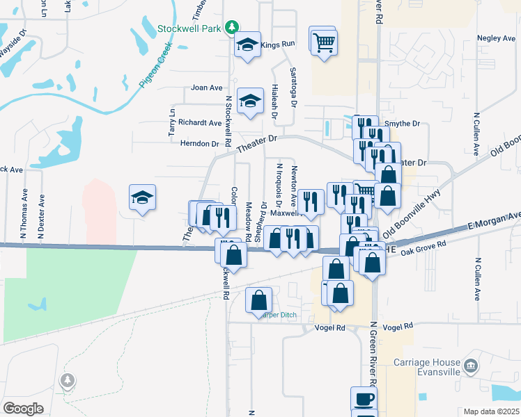 map of restaurants, bars, coffee shops, grocery stores, and more near 1800 Shepherd Drive in Evansville