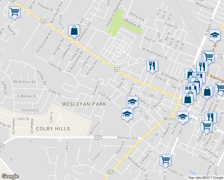 map of restaurants, bars, coffee shops, grocery stores, and more near 510 College Street in Winchester