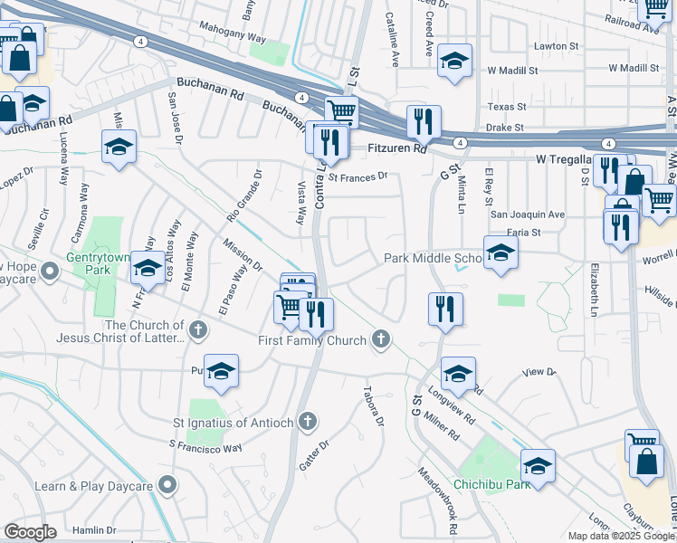 map of restaurants, bars, coffee shops, grocery stores, and more near 1029 Doncaster Drive in Antioch