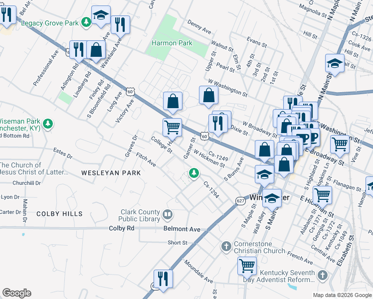 map of restaurants, bars, coffee shops, grocery stores, and more near 405 College Street in Winchester
