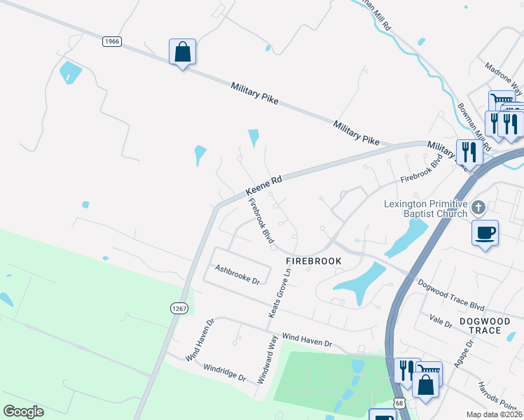 map of restaurants, bars, coffee shops, grocery stores, and more near 4881 Firebrook Boulevard in Lexington