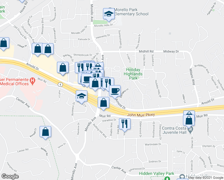 map of restaurants, bars, coffee shops, grocery stores, and more near 1231 Arnold Dr in Martinez