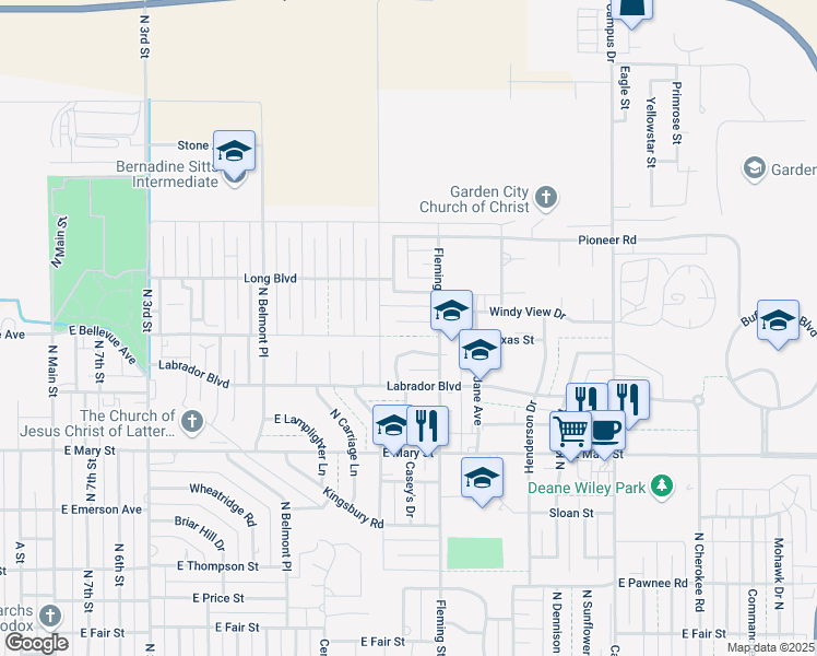 map of restaurants, bars, coffee shops, grocery stores, and more near 1514 Sundance Circle in Garden City