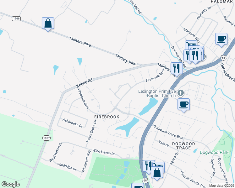 map of restaurants, bars, coffee shops, grocery stores, and more near 4744 Inman Drive in Lexington