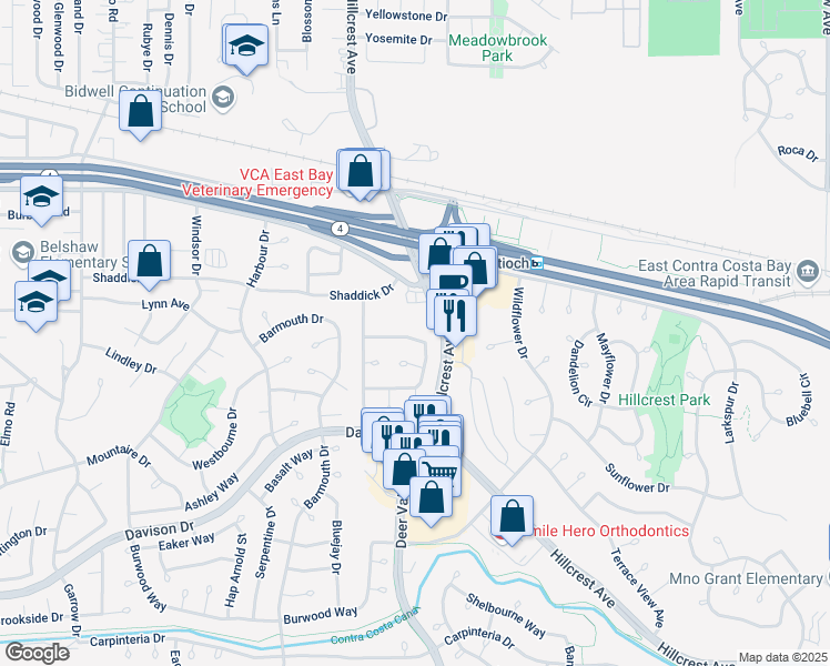 map of restaurants, bars, coffee shops, grocery stores, and more near 1433 Mellissa Circle in Antioch