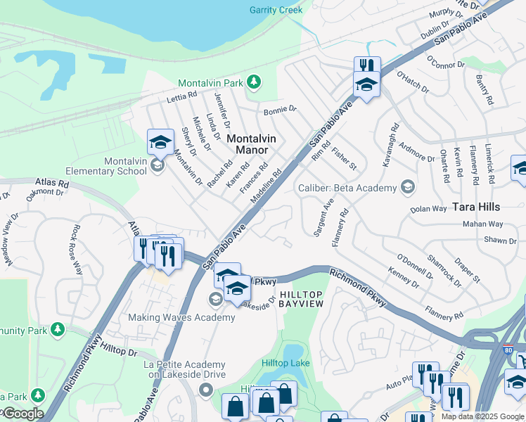 map of restaurants, bars, coffee shops, grocery stores, and more near 15708 Crestwood Drive in San Pablo