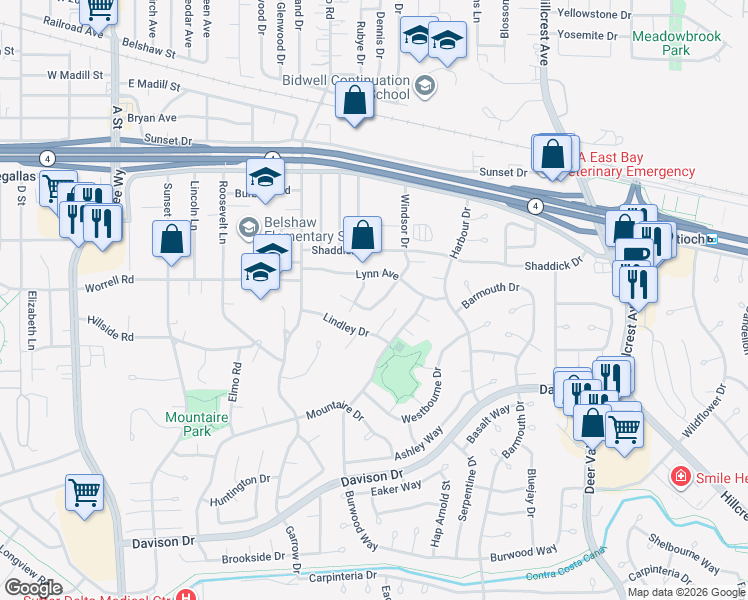 map of restaurants, bars, coffee shops, grocery stores, and more near 3020 Windsor Drive in Antioch