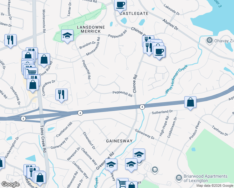 map of restaurants, bars, coffee shops, grocery stores, and more near 3417 Pepperhill Road in Lexington