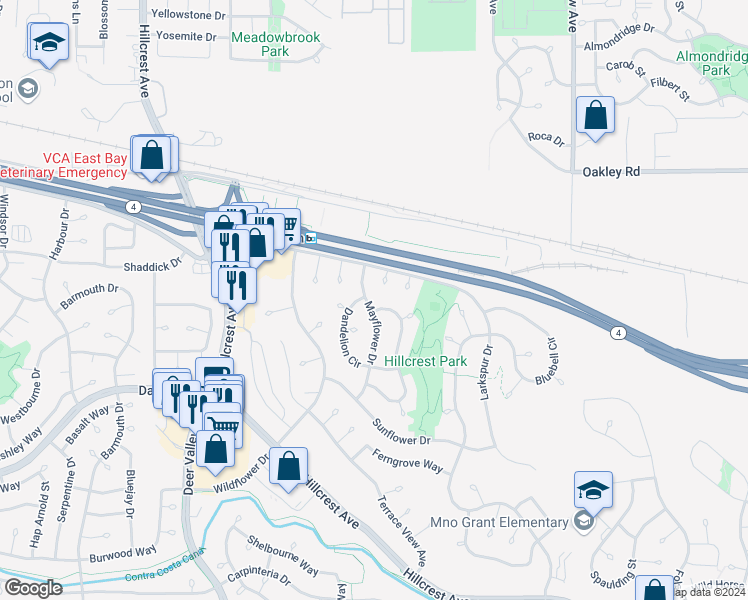 map of restaurants, bars, coffee shops, grocery stores, and more near 2727 Mayflower Drive in Antioch