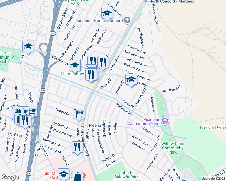 map of restaurants, bars, coffee shops, grocery stores, and more near 3330 Winthrop Street in Concord