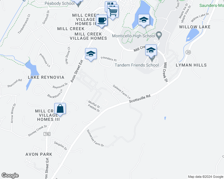map of restaurants, bars, coffee shops, grocery stores, and more near Mary Jackson Court in Albemarle County