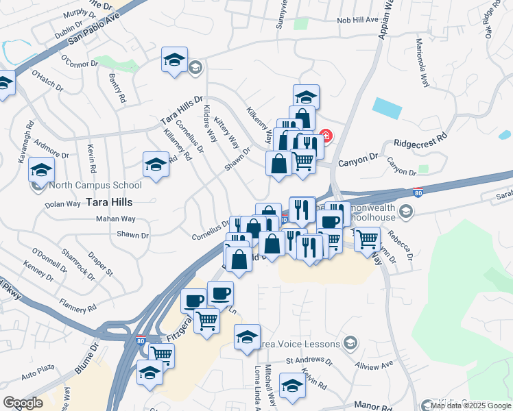 map of restaurants, bars, coffee shops, grocery stores, and more near 1124 Alberdan Circle in Pinole