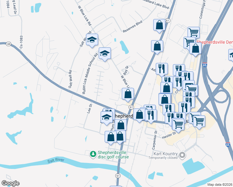 map of restaurants, bars, coffee shops, grocery stores, and more near 218 Cherry Street in Shepherdsville