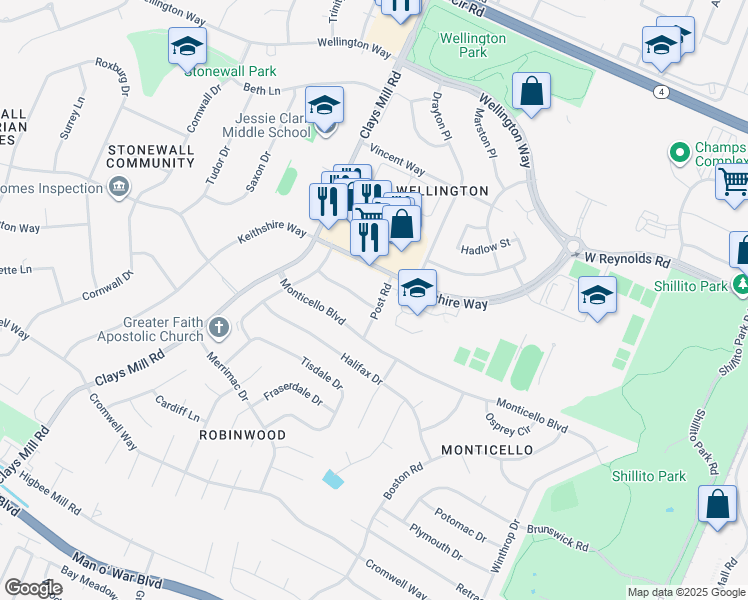 map of restaurants, bars, coffee shops, grocery stores, and more near 3362 Post Road in Lexington