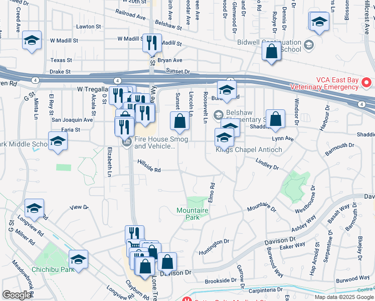 map of restaurants, bars, coffee shops, grocery stores, and more near 112 Worrell Road in Antioch