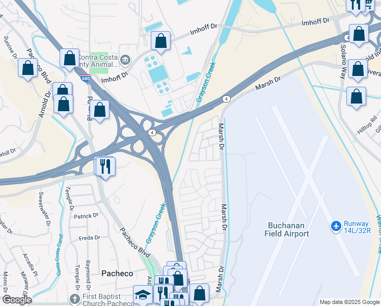 map of restaurants, bars, coffee shops, grocery stores, and more near 301 Avenida Flores in Pacheco