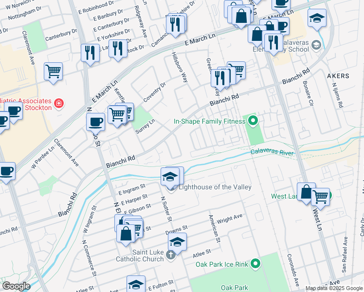 map of restaurants, bars, coffee shops, grocery stores, and more near 4470 Dorset Street in Stockton