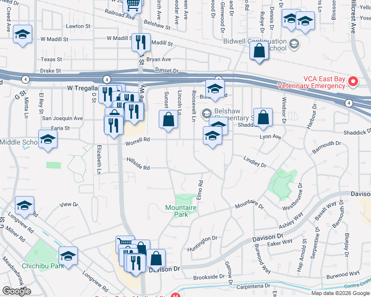 map of restaurants, bars, coffee shops, grocery stores, and more near 306 Worrell Road in Antioch