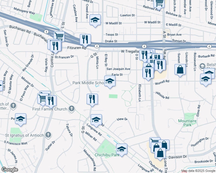 map of restaurants, bars, coffee shops, grocery stores, and more near 701 Putnam Street in Antioch
