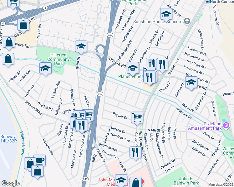 map of restaurants, bars, coffee shops, grocery stores, and more near 3024 Tosca Way in Concord