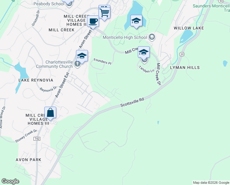 map of restaurants, bars, coffee shops, grocery stores, and more near 167 Galaxie Farm Lane in Charlottesville
