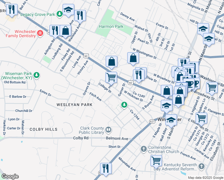 map of restaurants, bars, coffee shops, grocery stores, and more near 405 College Street in Winchester