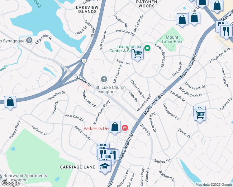 map of restaurants, bars, coffee shops, grocery stores, and more near 2393 Alumni Drive in Lexington