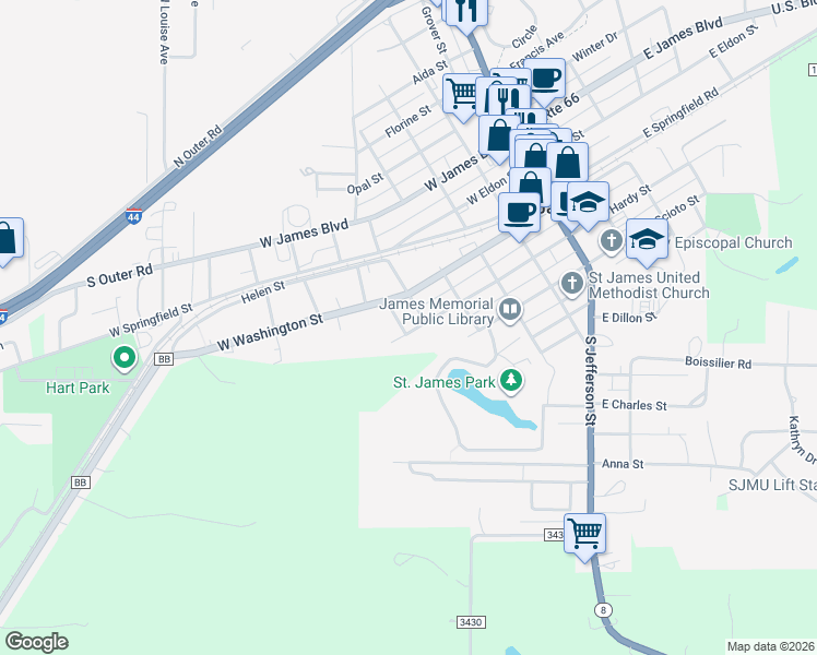 map of restaurants, bars, coffee shops, grocery stores, and more near 517 West Hardy Street in Saint James