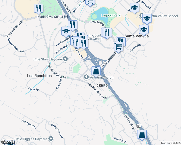 map of restaurants, bars, coffee shops, grocery stores, and more near 73 Merrydale Road in San Rafael