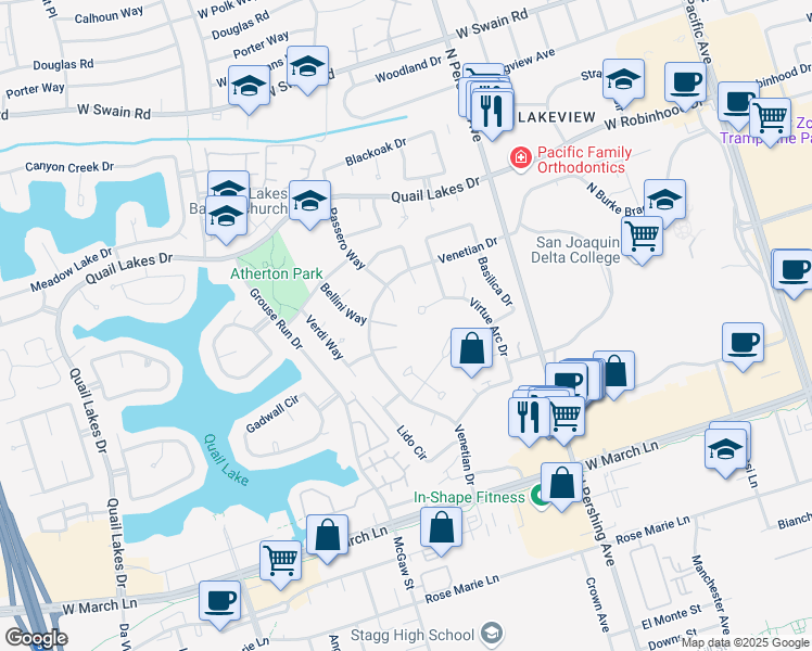 map of restaurants, bars, coffee shops, grocery stores, and more near 1866 Venetian Drive in Stockton