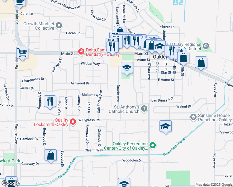 map of restaurants, bars, coffee shops, grocery stores, and more near 4645 Duarte Avenue in Oakley