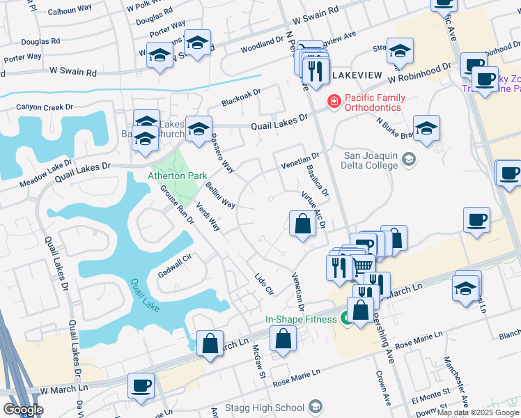 map of restaurants, bars, coffee shops, grocery stores, and more near 1866 Venetian Drive in Stockton