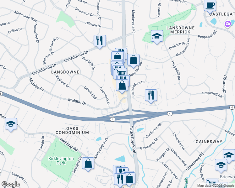 map of restaurants, bars, coffee shops, grocery stores, and more near 857 Malabu Drive in Lexington