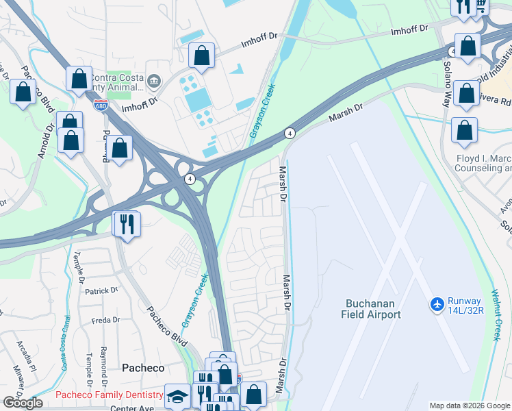 map of restaurants, bars, coffee shops, grocery stores, and more near 341 Vista Del Rio Drive in Pacheco