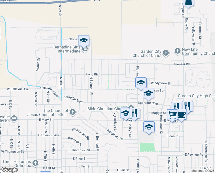 map of restaurants, bars, coffee shops, grocery stores, and more near 2807 Cliff Place in Garden City