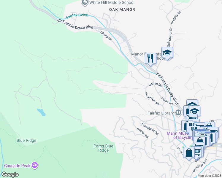 map of restaurants, bars, coffee shops, grocery stores, and more near 179 Bothin Road in Fairfax