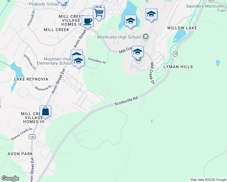 map of restaurants, bars, coffee shops, grocery stores, and more near 4017 Marie Curie Court in Charlottesville
