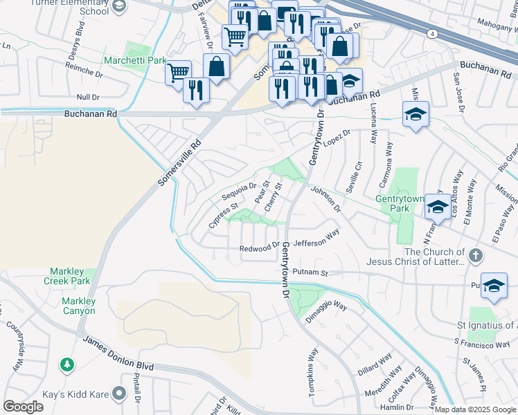 map of restaurants, bars, coffee shops, grocery stores, and more near 3033 Pear Street in Antioch