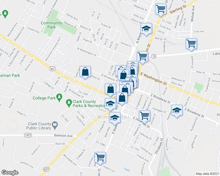 map of restaurants, bars, coffee shops, grocery stores, and more near 2 Gay Street in Winchester