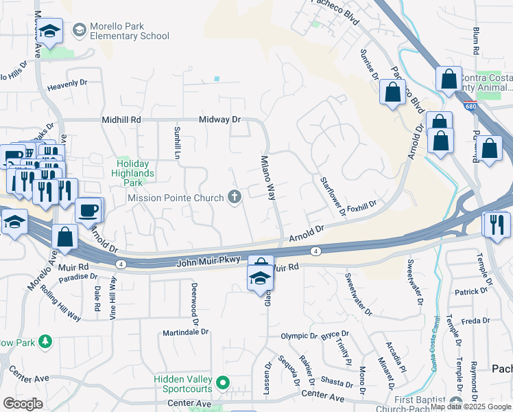 map of restaurants, bars, coffee shops, grocery stores, and more near 5015 Hiller Lane in Martinez