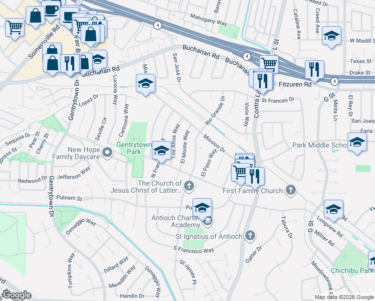 map of restaurants, bars, coffee shops, grocery stores, and more near 2943 El Monte Way in Antioch