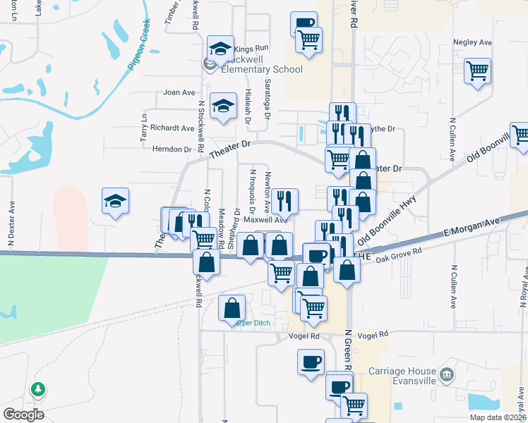 map of restaurants, bars, coffee shops, grocery stores, and more near 1808 Newton Avenue in Evansville