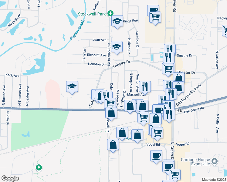 map of restaurants, bars, coffee shops, grocery stores, and more near 1805 Colony Drive in Evansville