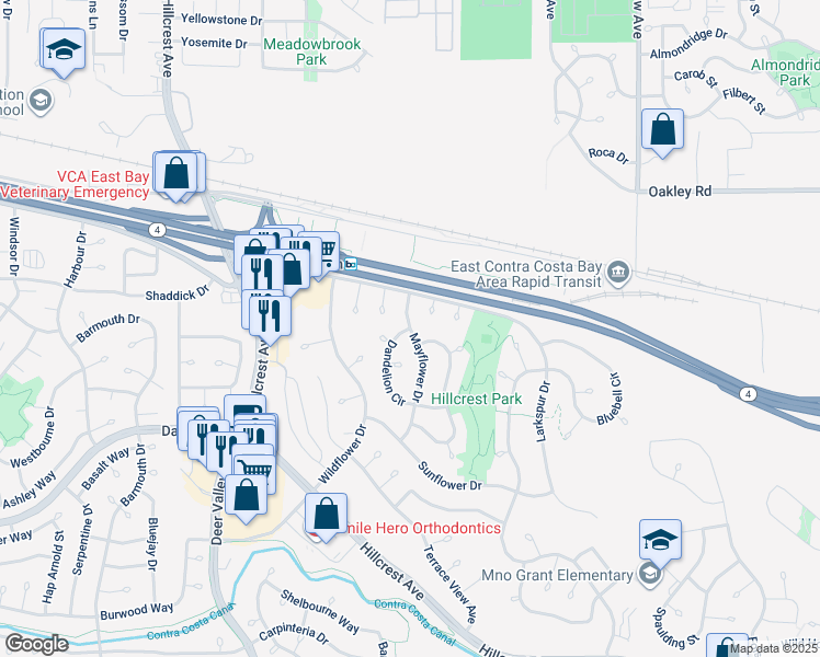 map of restaurants, bars, coffee shops, grocery stores, and more near Mayflower Dr & Dandelion Cir in Antioch