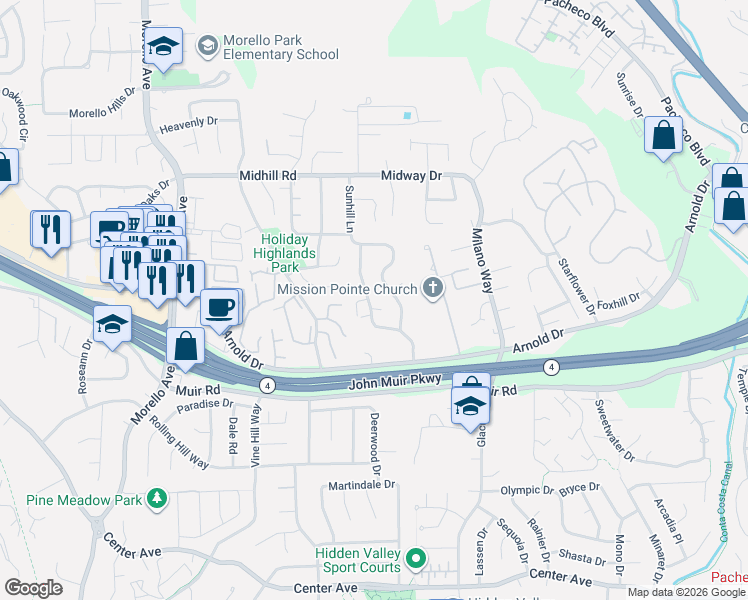 map of restaurants, bars, coffee shops, grocery stores, and more near 383 Holiday Hills Drive in Martinez