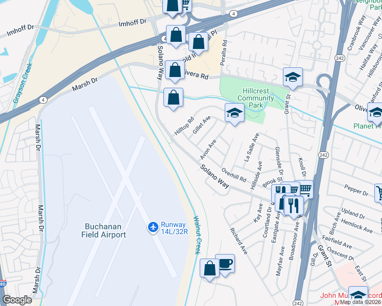 map of restaurants, bars, coffee shops, grocery stores, and more near 1867 Solano Way in Concord