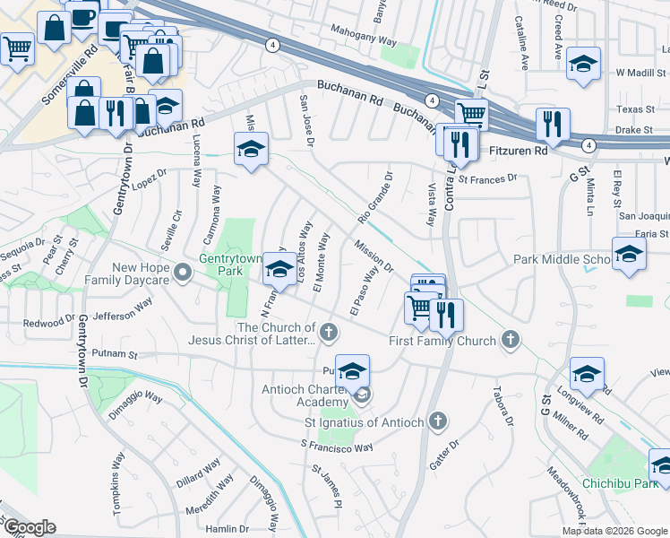 map of restaurants, bars, coffee shops, grocery stores, and more near 2943 El Monte Way in Antioch