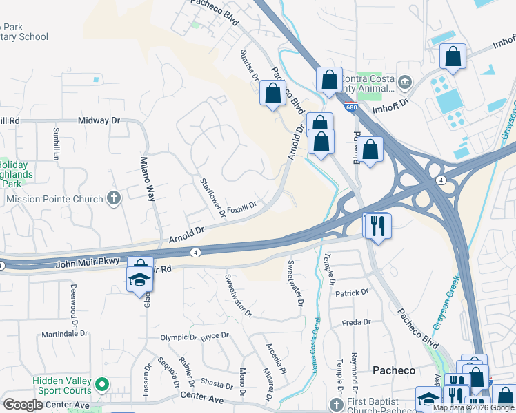 map of restaurants, bars, coffee shops, grocery stores, and more near 2254 Foxhill Dr in Martinez